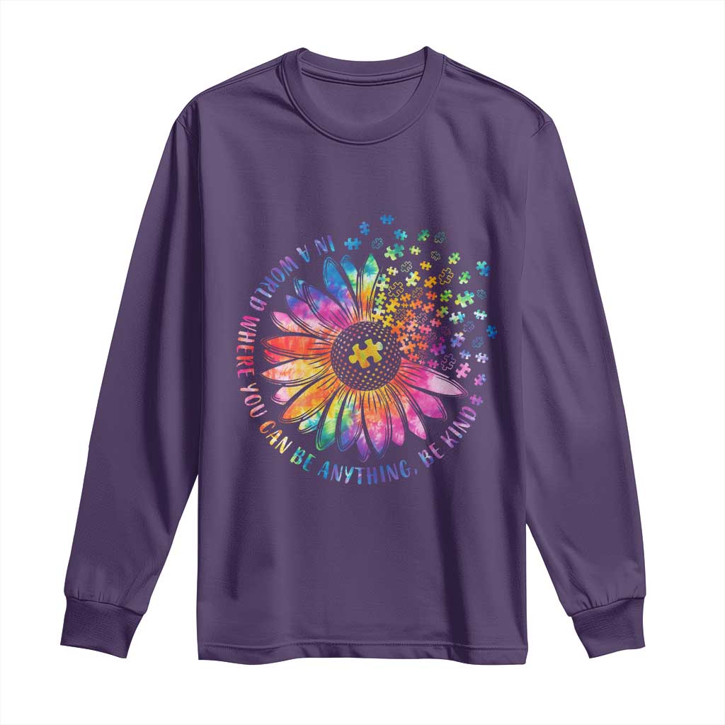 Be Kind Autism Awareness Long Sleeve Shirt Kindness Sunflower Tie Dye Puzzle