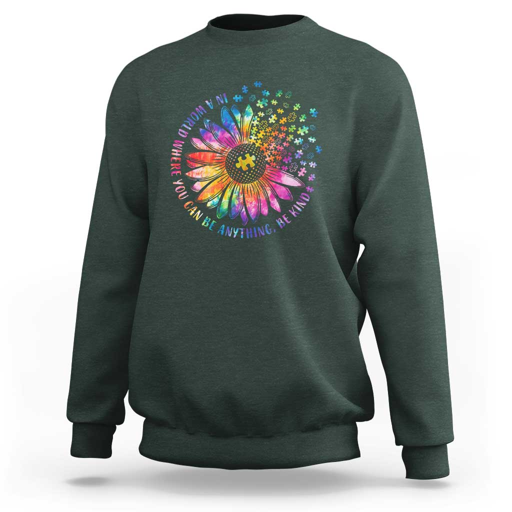 Be Kind Autism Awareness Sweatshirt Kindness Sunflower Tie Dye Puzzle