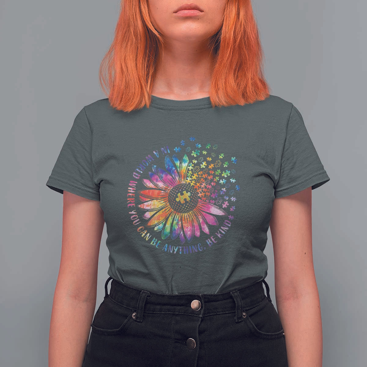 Be Kind Autism Awareness T Shirt For Women Kindness Sunflower Tie Dye Puzzle