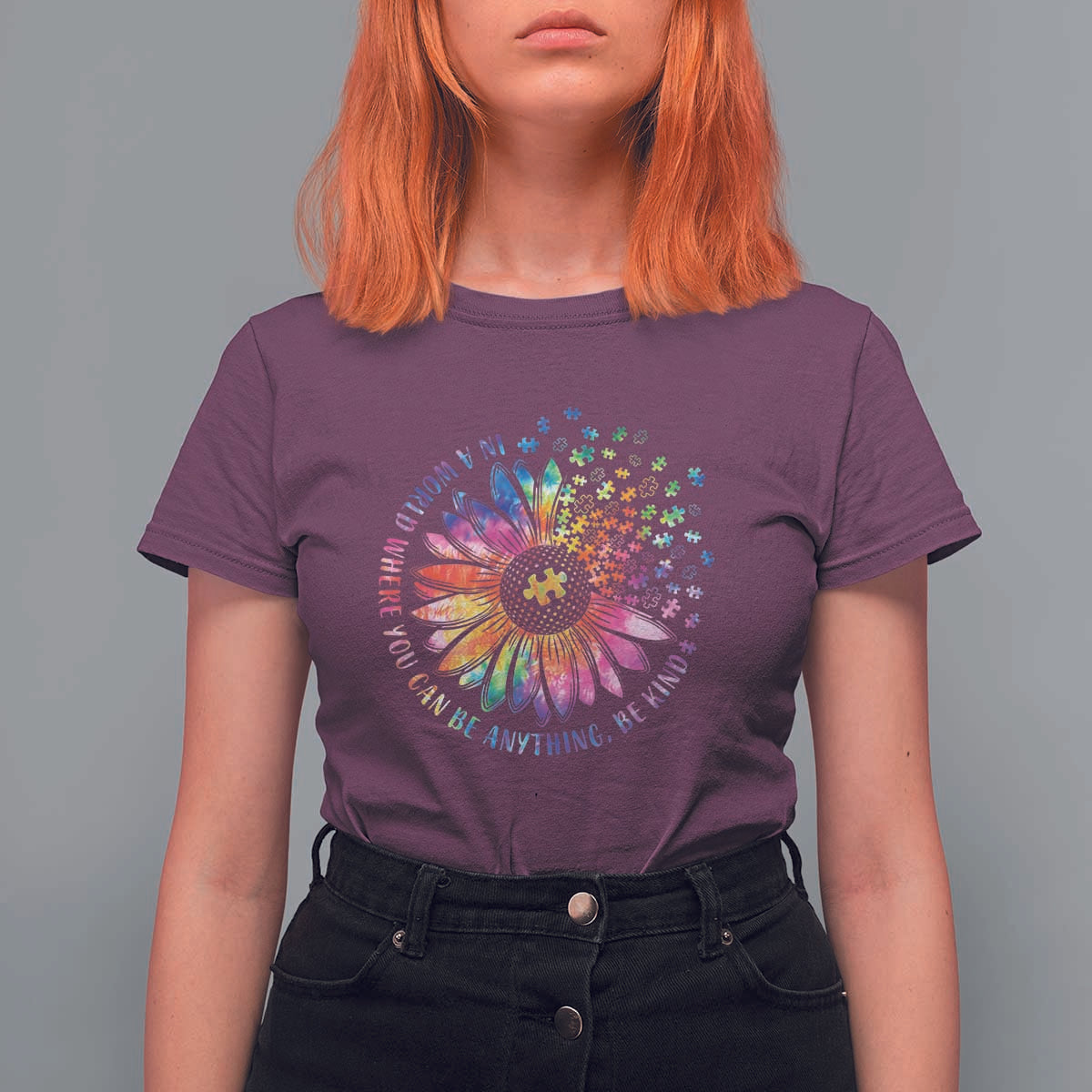 Be Kind Autism Awareness T Shirt For Women Kindness Sunflower Tie Dye Puzzle
