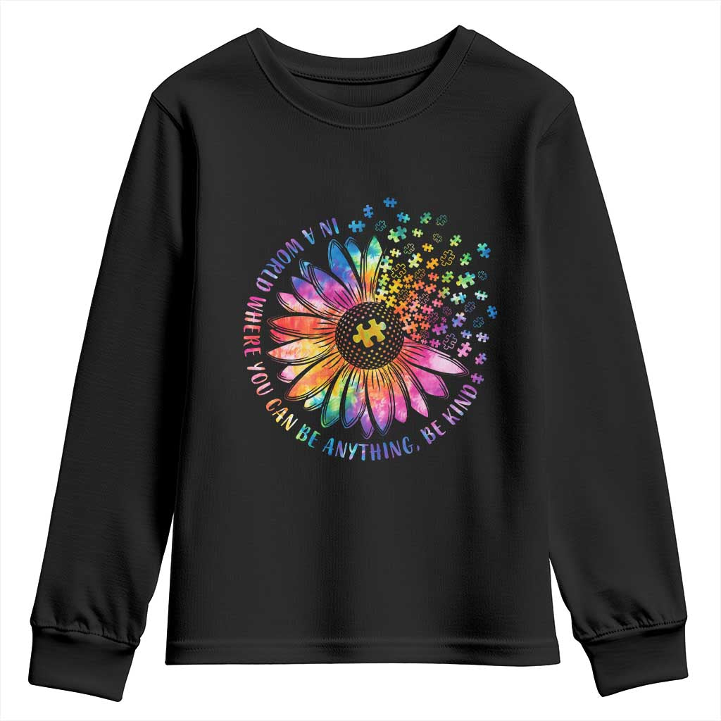 Be Kind Autism Awareness Youth Sweatshirt Kindness Sunflower Tie Dye Puzzle