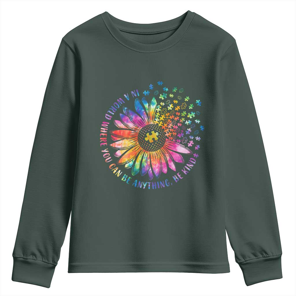Be Kind Autism Awareness Youth Sweatshirt Kindness Sunflower Tie Dye Puzzle