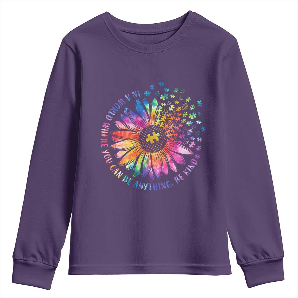 Be Kind Autism Awareness Youth Sweatshirt Kindness Sunflower Tie Dye Puzzle