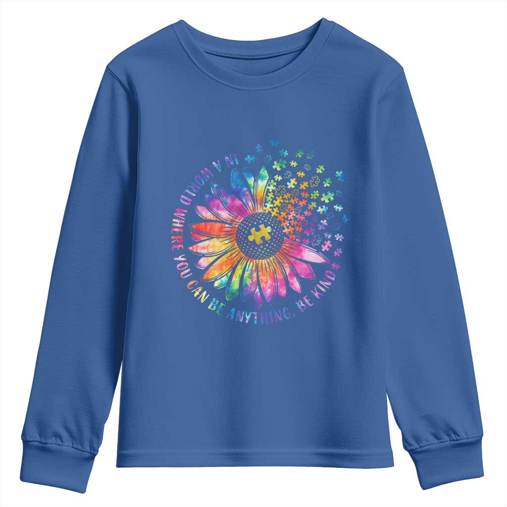 Be Kind Autism Awareness Youth Sweatshirt Kindness Sunflower Tie Dye Puzzle