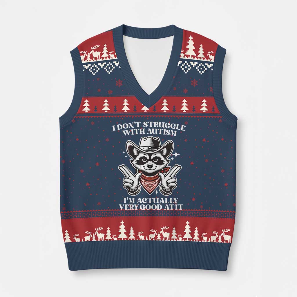 Funny Autistic Raccoon V-Neck Knit Sweater Vest I Don't Struggle With Autism - Wonder Print Shop