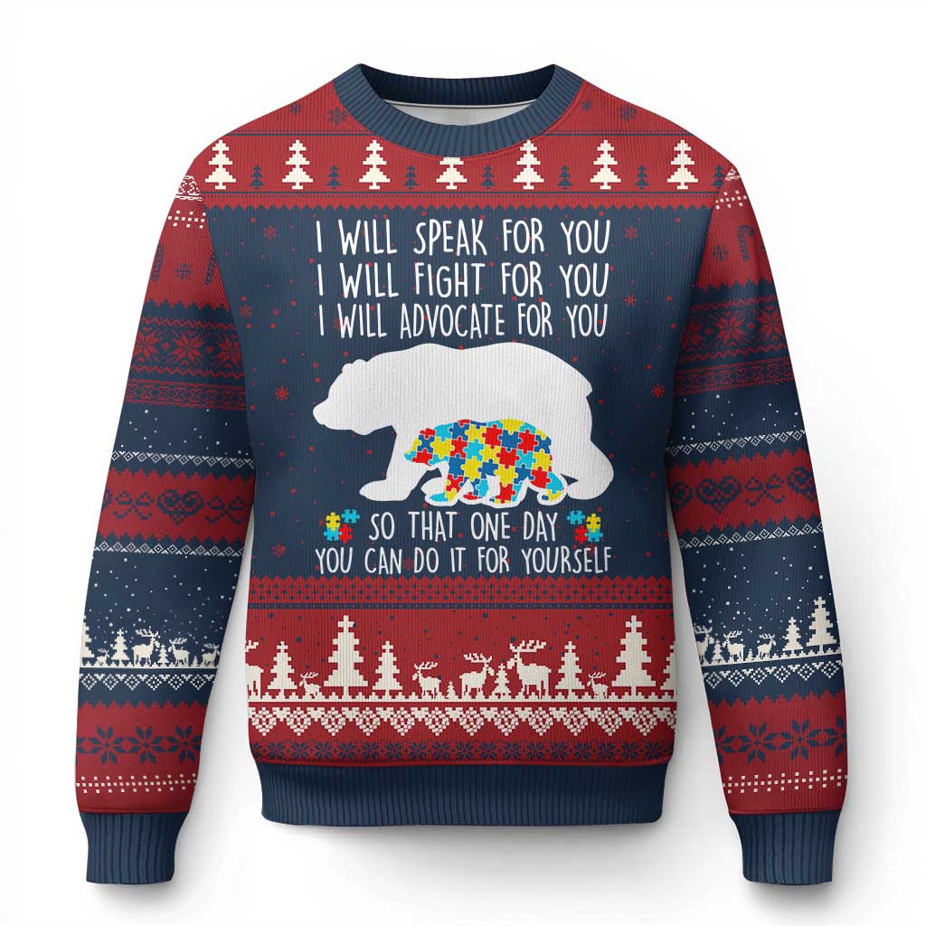Autism Mama Bear Ugly Christmas Sweater I Will Speak Fight Advocate For You - Wonder Print Shop