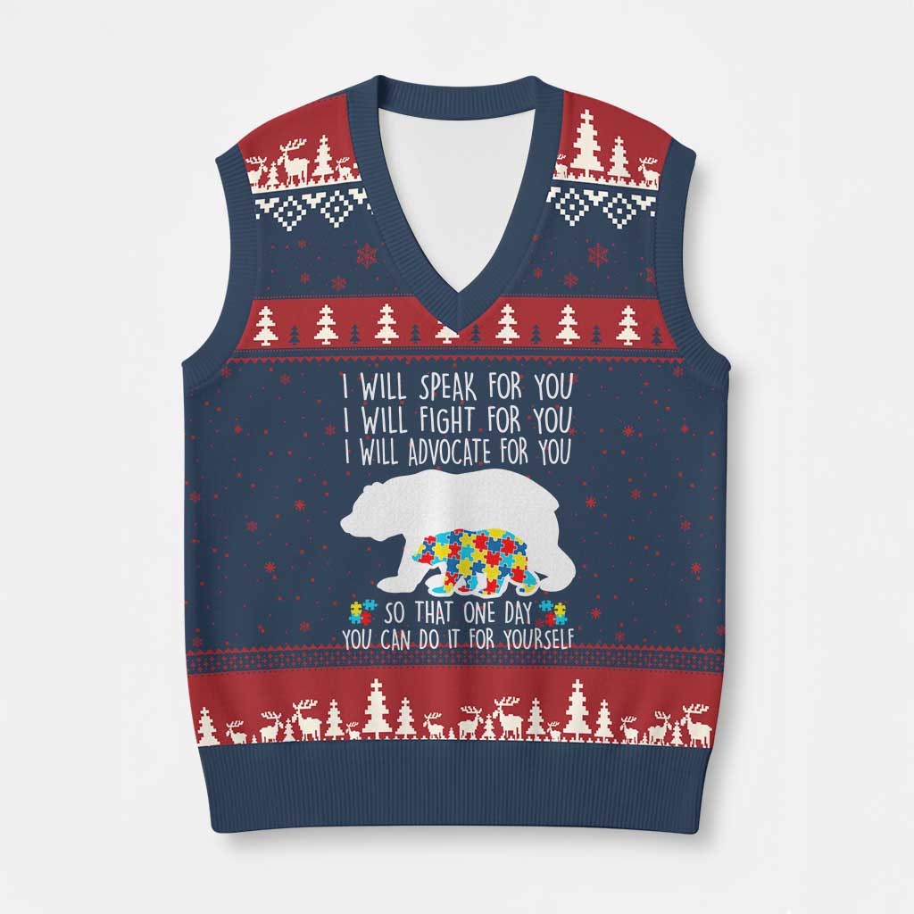 Autism Mama Bear V-Neck Knit Sweater Vest I Will Speak Fight Advocate For You - Wonder Print Shop