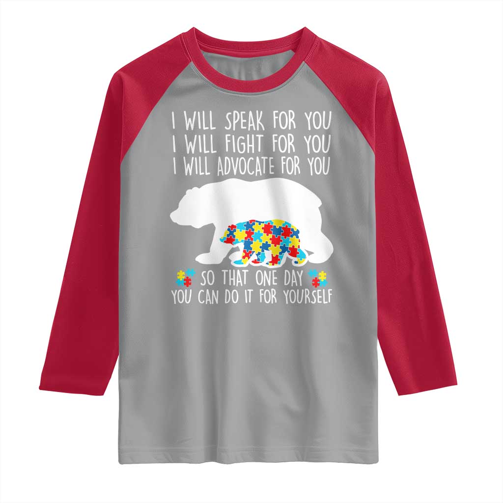 Autism Mama Bear Raglan Shirt I Will Speak Fight Advocate For You