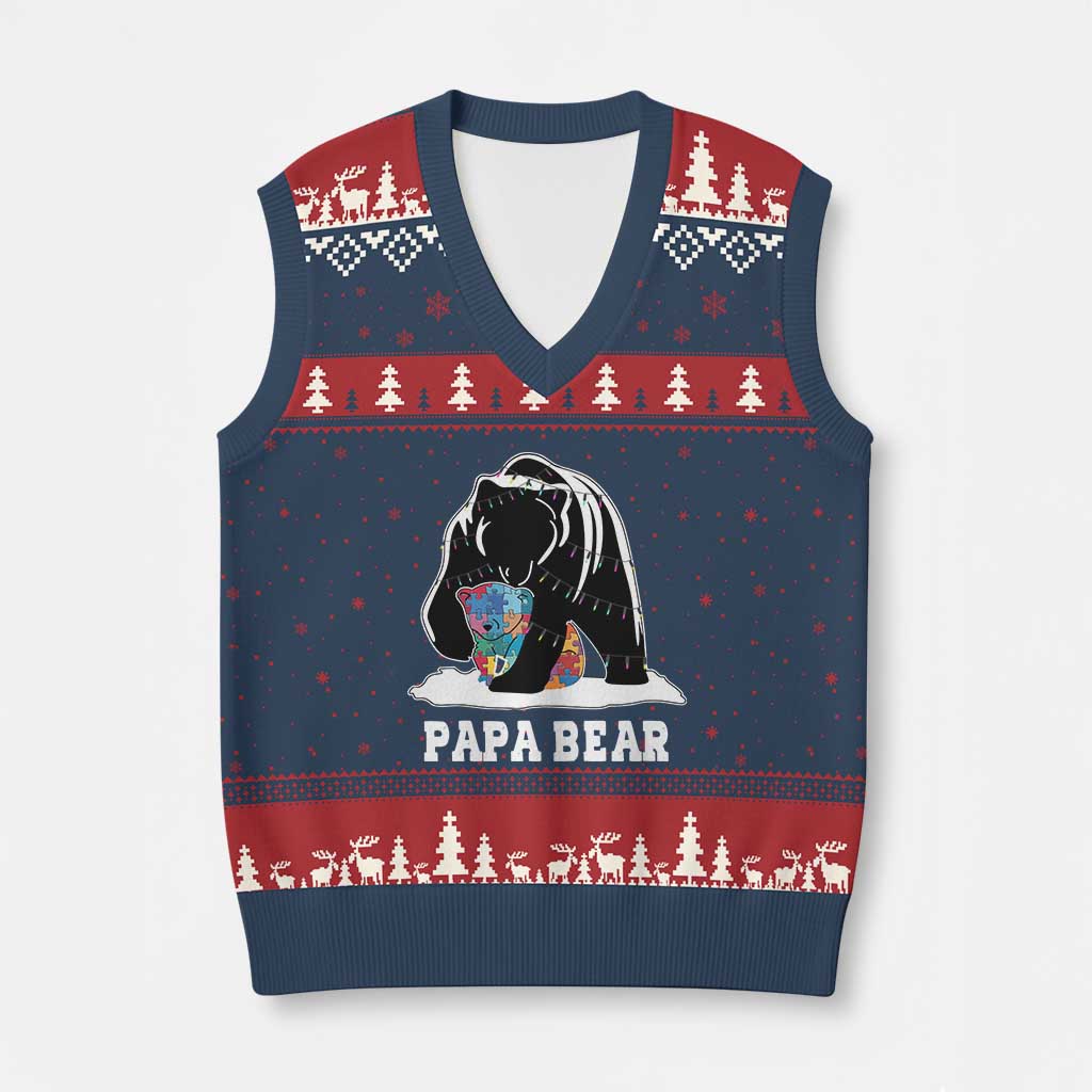 Autism Papa Bear V-Neck Knit Sweater Vest Support Autistic Matching Family Dad - Wonder Print Shop