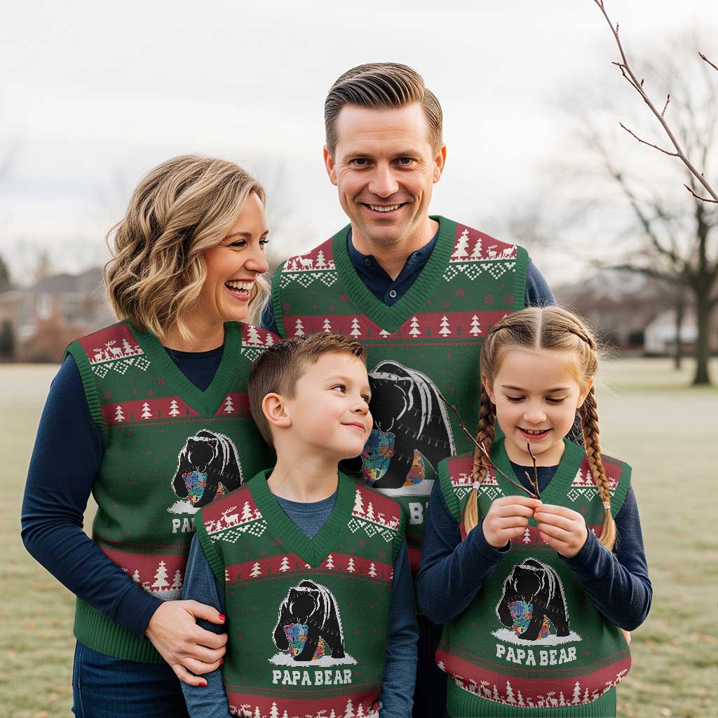 Autism Papa Bear V-Neck Knit Sweater Vest Support Autistic Matching Family Dad - Wonder Print Shop