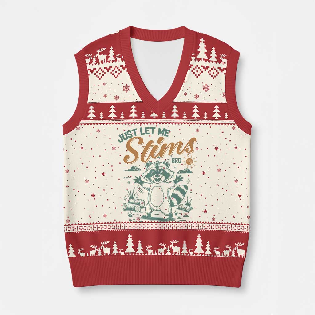 Funny Raccoon Autism Awareness V-Neck Knit Sweater Vest Just Let Me Stim Bro - Wonder Print Shop