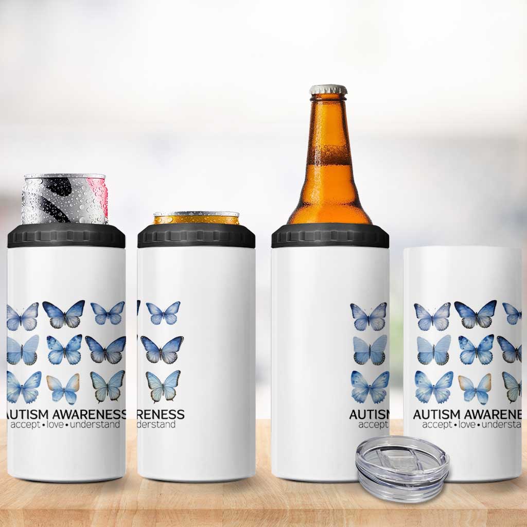 Autism Awareness Blue Butterflies 4 in 1 Can Cooler Tumbler Accept Love Understand