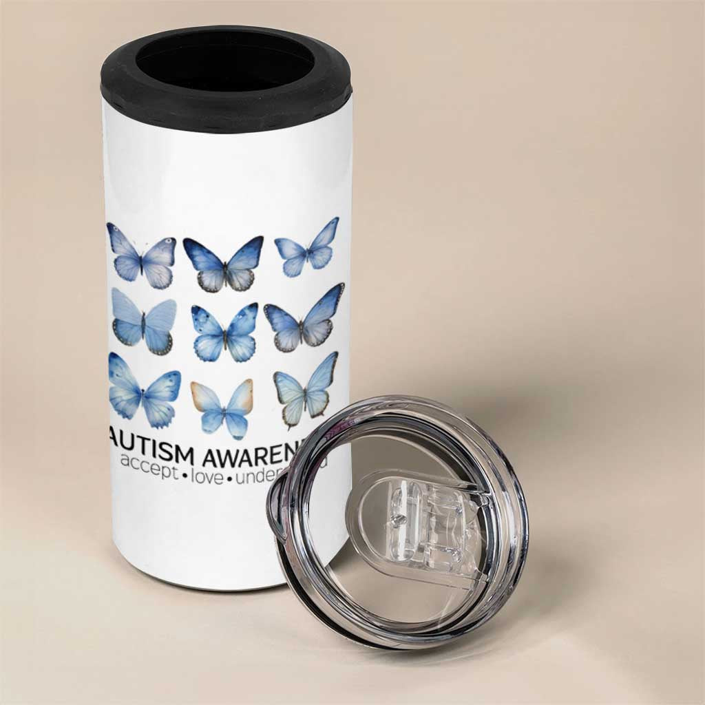 Autism Awareness Blue Butterflies 4 in 1 Can Cooler Tumbler Accept Love Understand