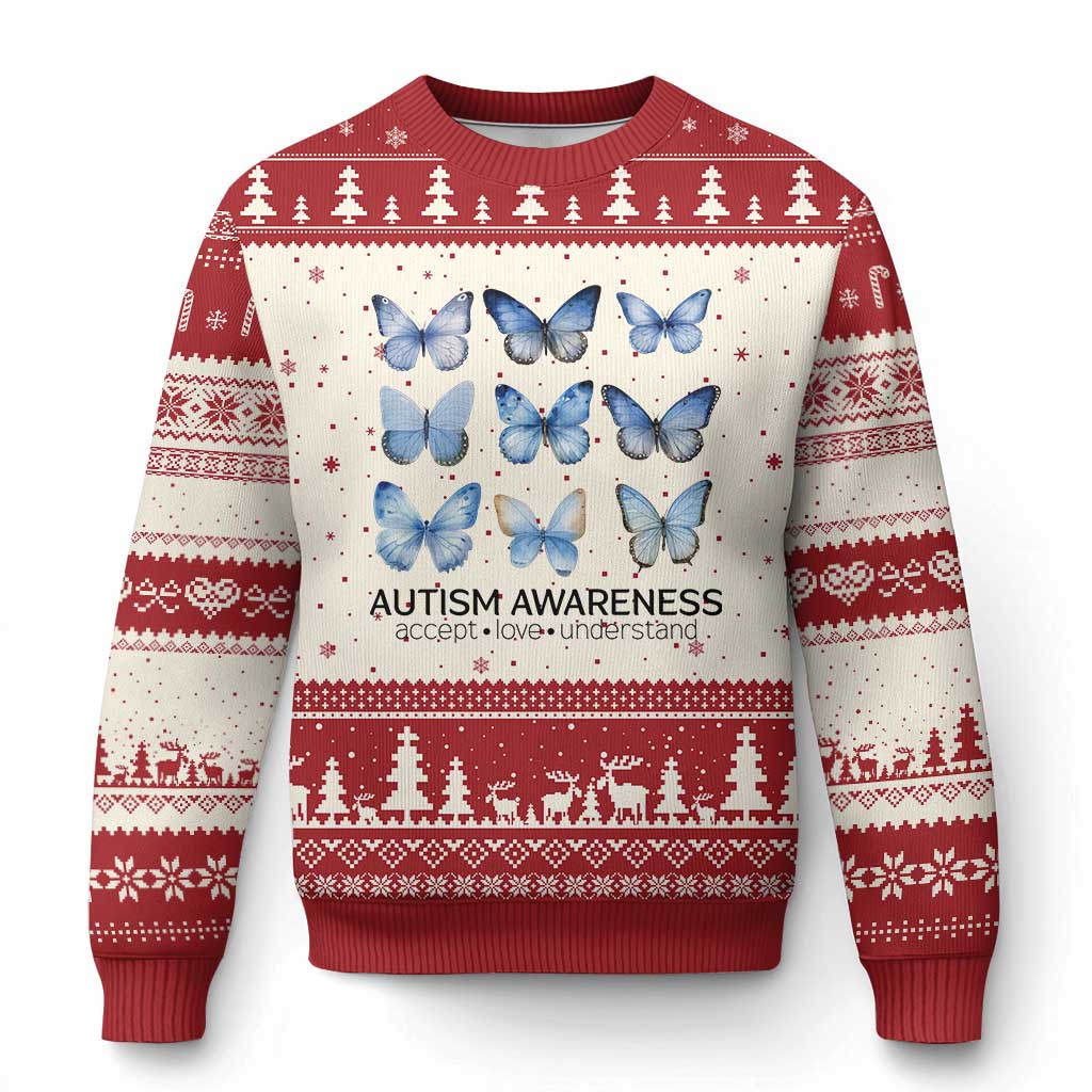 Autism Awareness Blue Butterflies Ugly Christmas Sweater Accept Love Understand - Wonder Print Shop