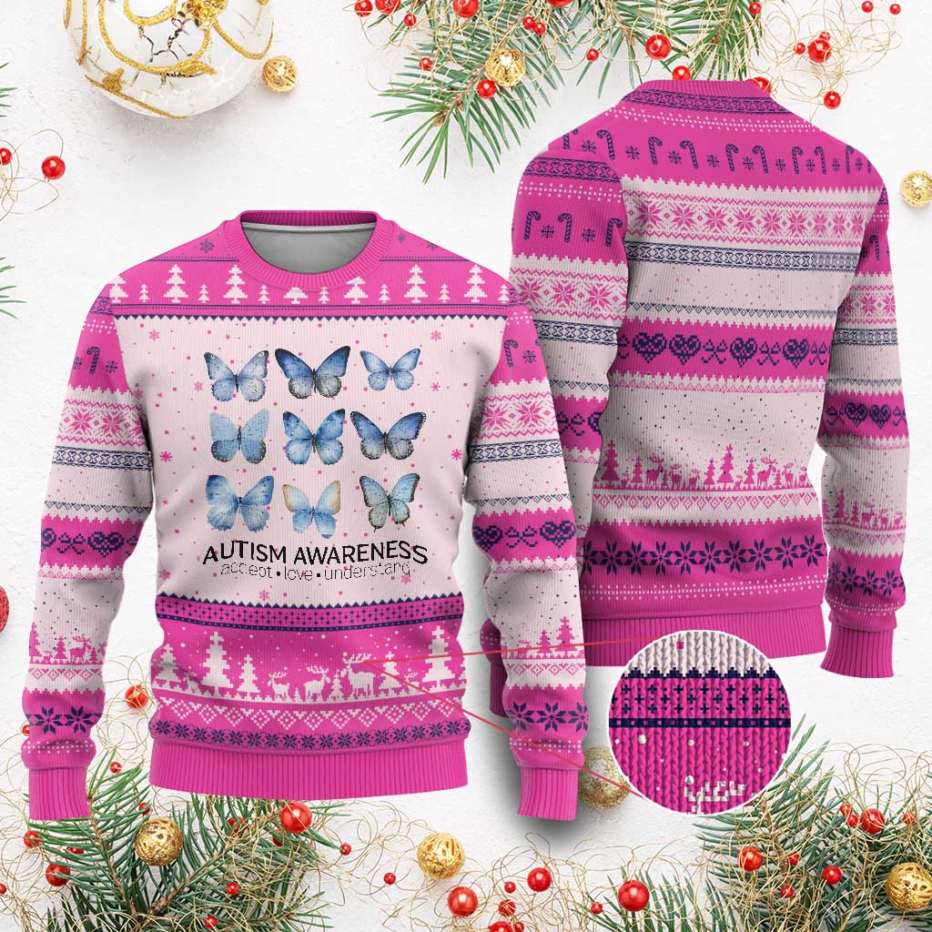 Autism Awareness Blue Butterflies Ugly Christmas Sweater Accept Love Understand - Wonder Print Shop