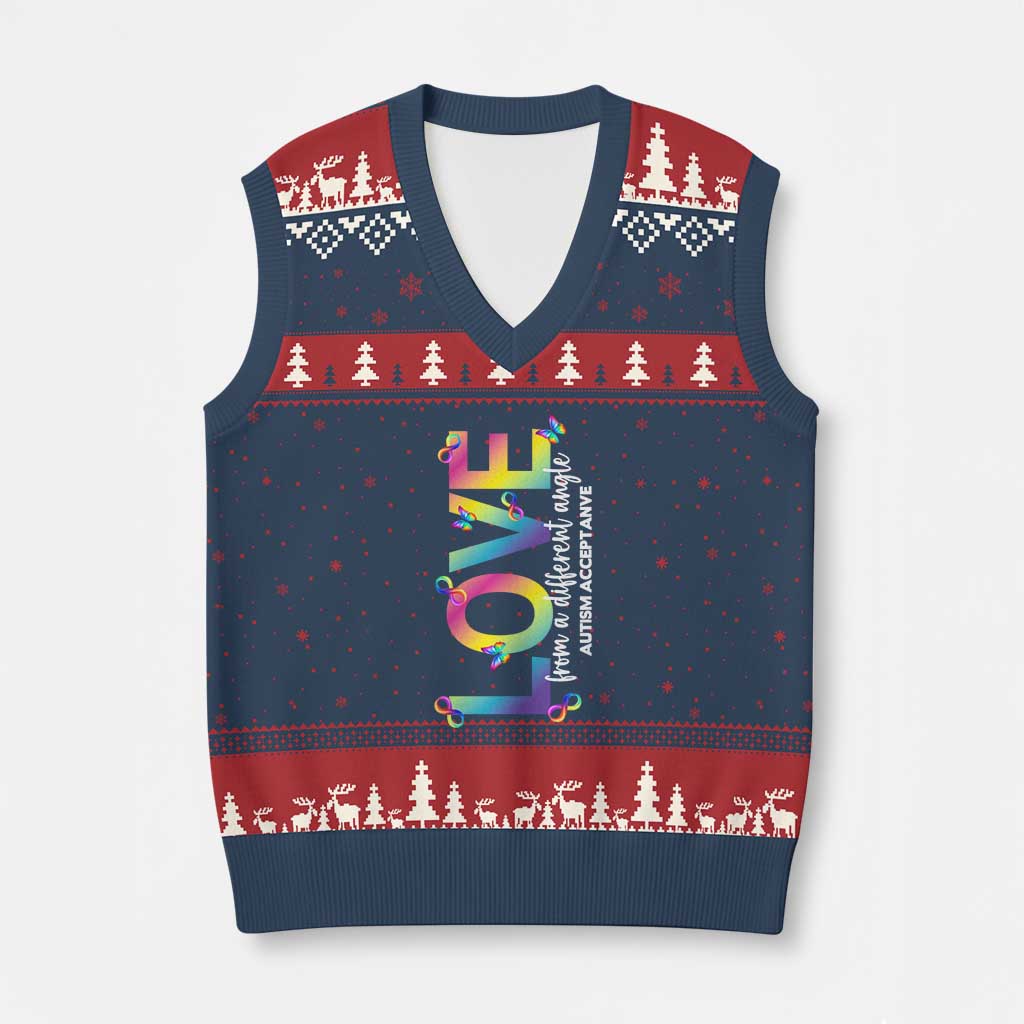Autism Acceptance V-Neck Knit Sweater Vest Love From a Different Angle Rainbow Infinity - Wonder Print Shop
