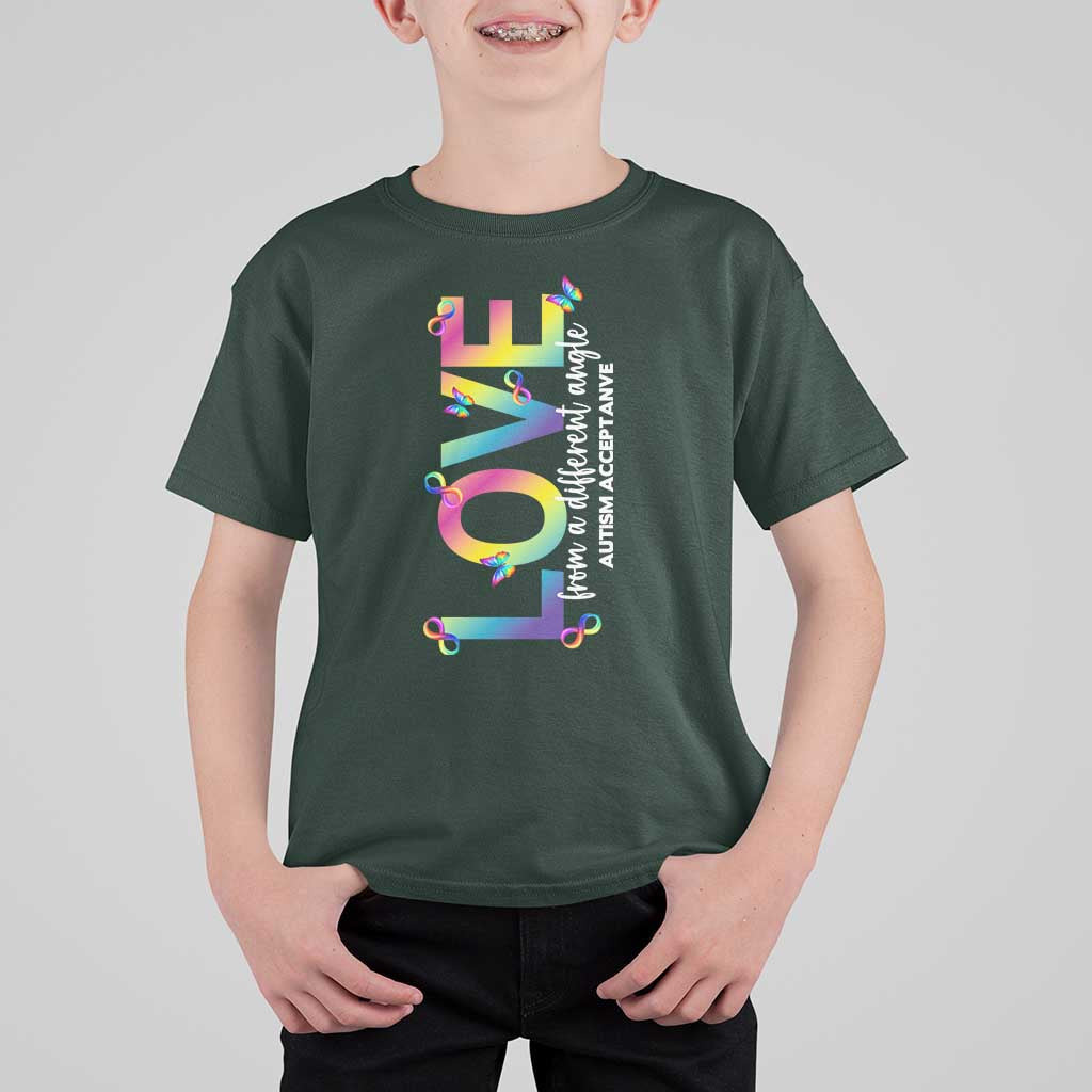 Autism Acceptance T Shirt For Kid Love From a Different Angle Rainbow Infinity