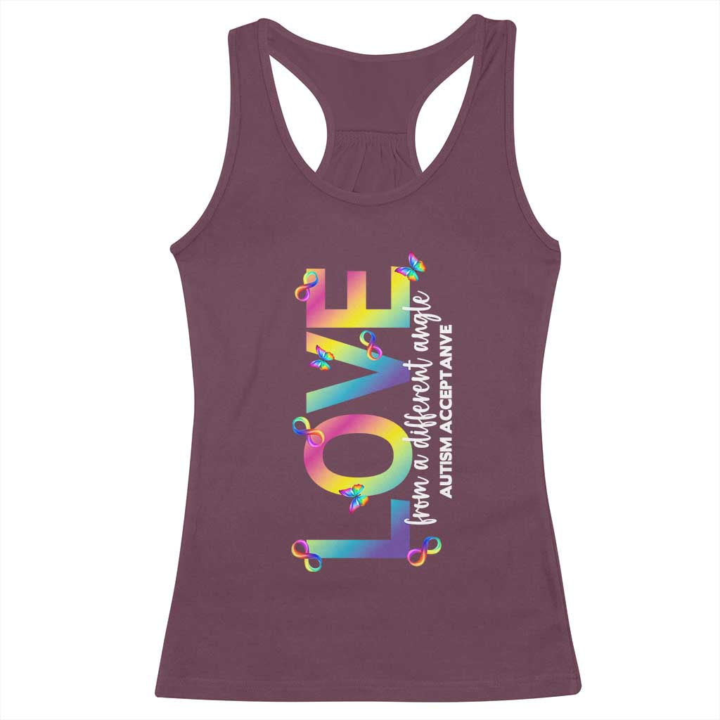 Autism Acceptance Racerback Tank Top Love From a Different Angle Rainbow Infinity