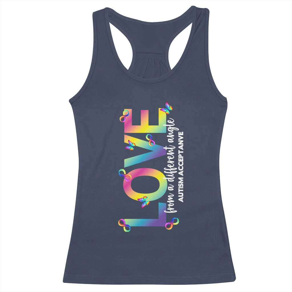 Autism Acceptance Racerback Tank Top Love From a Different Angle Rainbow Infinity
