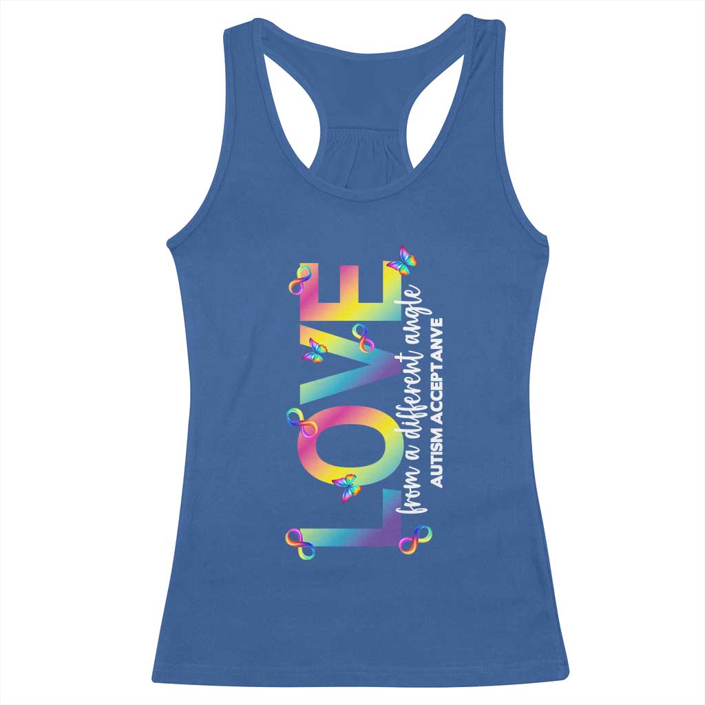 Autism Acceptance Racerback Tank Top Love From a Different Angle Rainbow Infinity