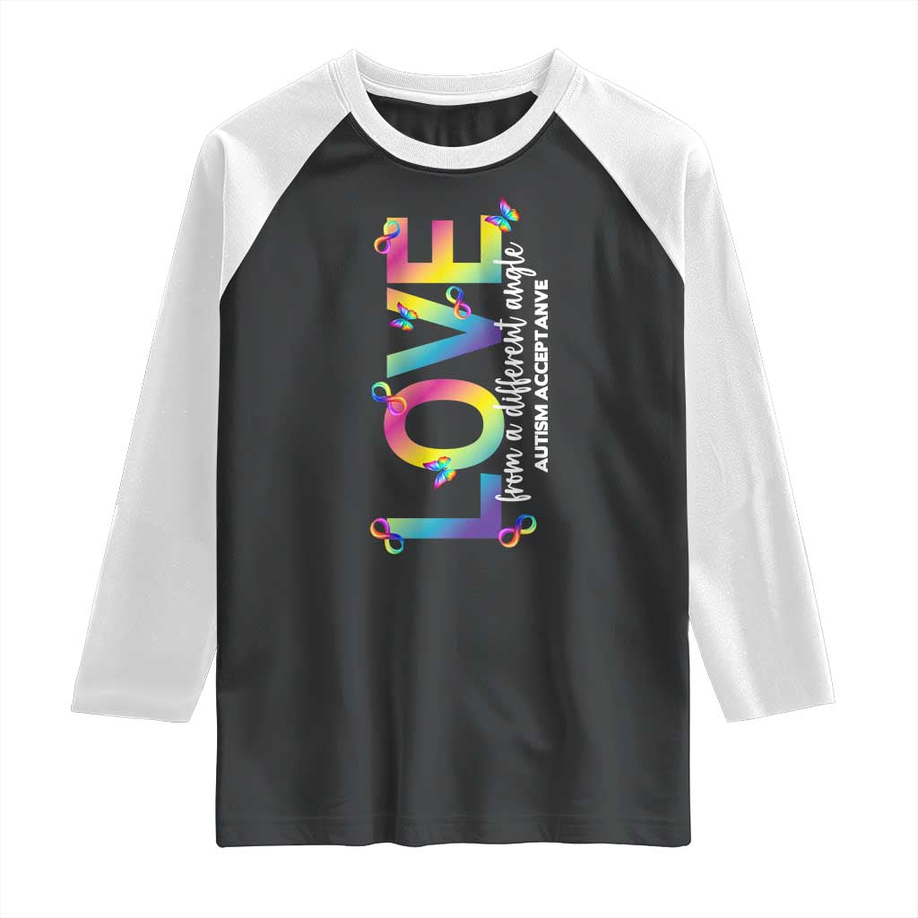 Autism Acceptance Raglan Shirt Love From a Different Angle Rainbow Infinity