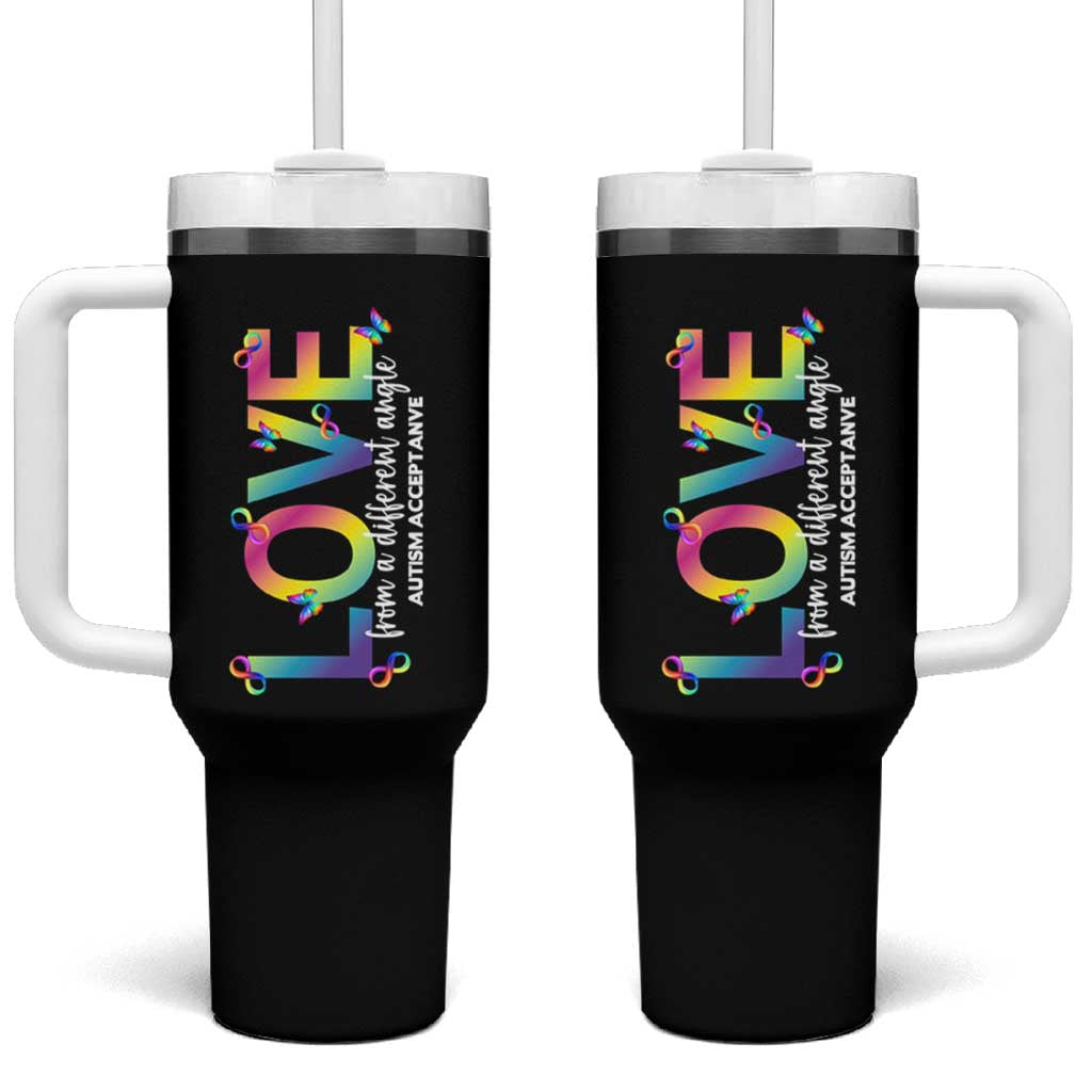 Autism Acceptance Tumbler With Handle Love From a Different Angle Rainbow Infinity