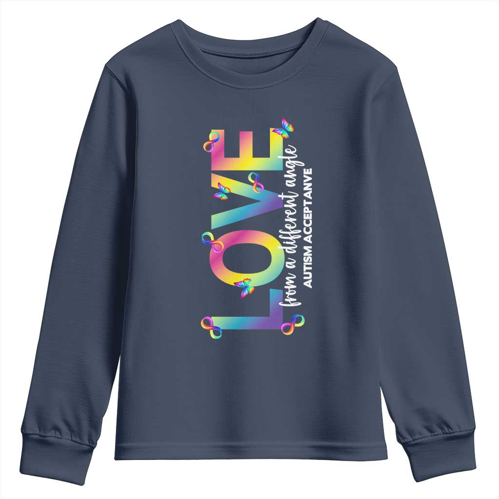 Autism Acceptance Youth Sweatshirt Love From a Different Angle Rainbow Infinity