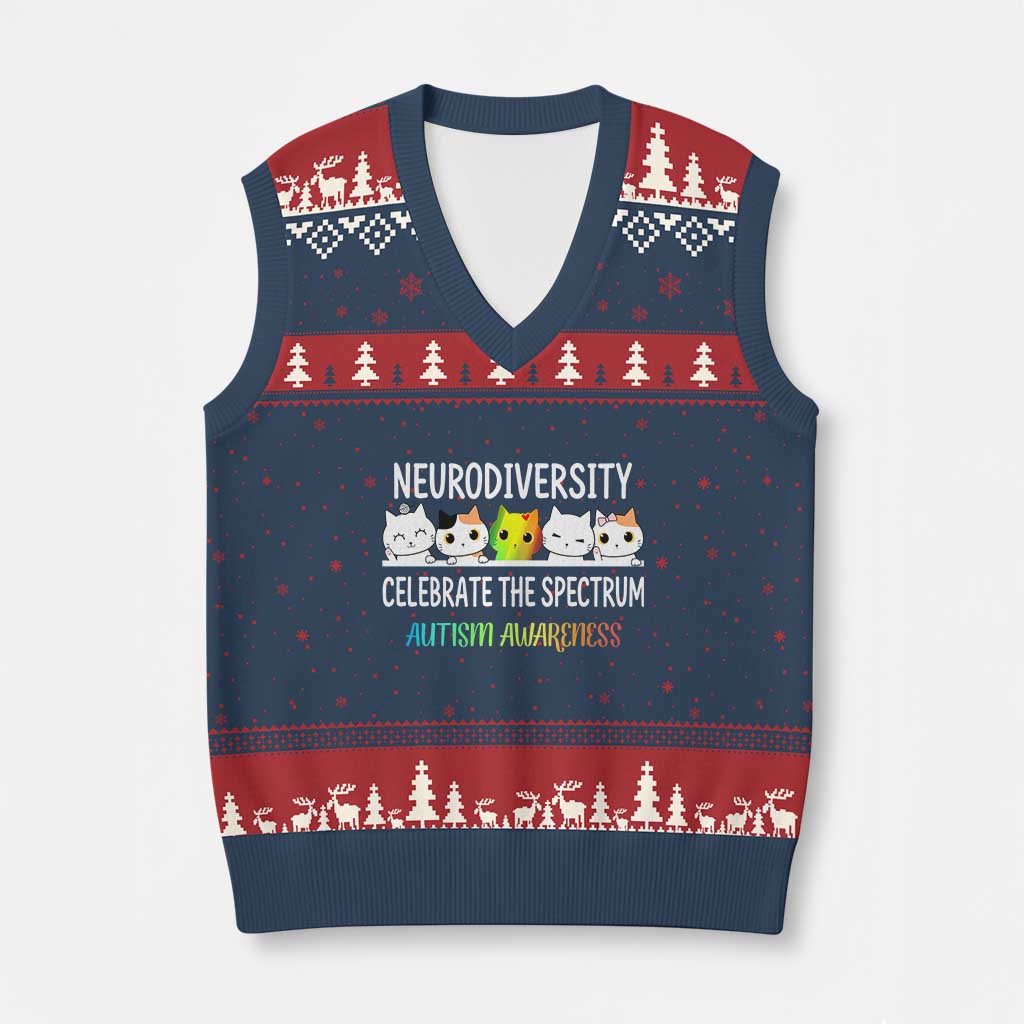 Cute Cats Autism Embrace V-Neck Knit Sweater Vest Neurodiversity Celebrate The Spectrum - Wonder Print Shop