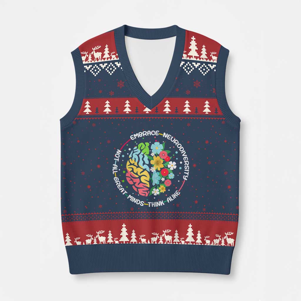 Embrace Neurodiversity V-Neck Knit Sweater Vest Neurodiverse Brain Autism Awareness ADHD Autistic - Wonder Print Shop