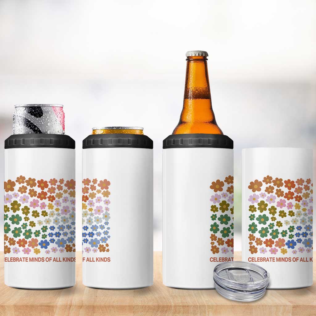 Neurodiversity Boho Floral 4 in 1 Can Cooler Tumbler Celebrate Minds of All Kinds Autism ADHD ASD