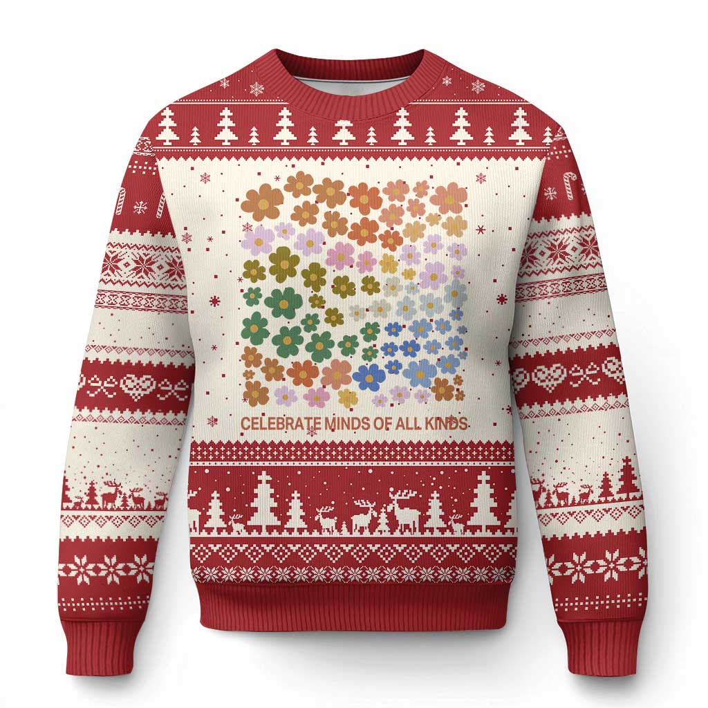 Neurodiversity Boho Floral Ugly Christmas Sweater Celebrate Minds of All Kinds Autism ADHD ASD - Wonder Print Shop
