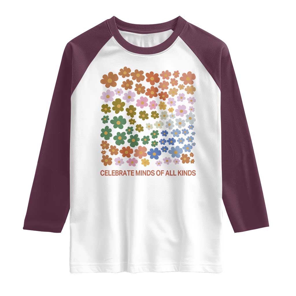 Neurodiversity Boho Floral Raglan Shirt Celebrate Minds of All Kinds Autism ADHD ASD