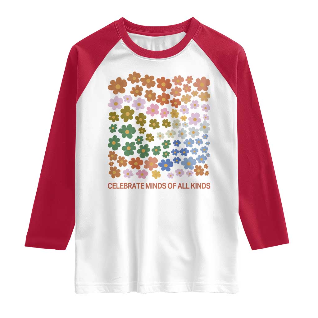 Neurodiversity Boho Floral Raglan Shirt Celebrate Minds of All Kinds Autism ADHD ASD