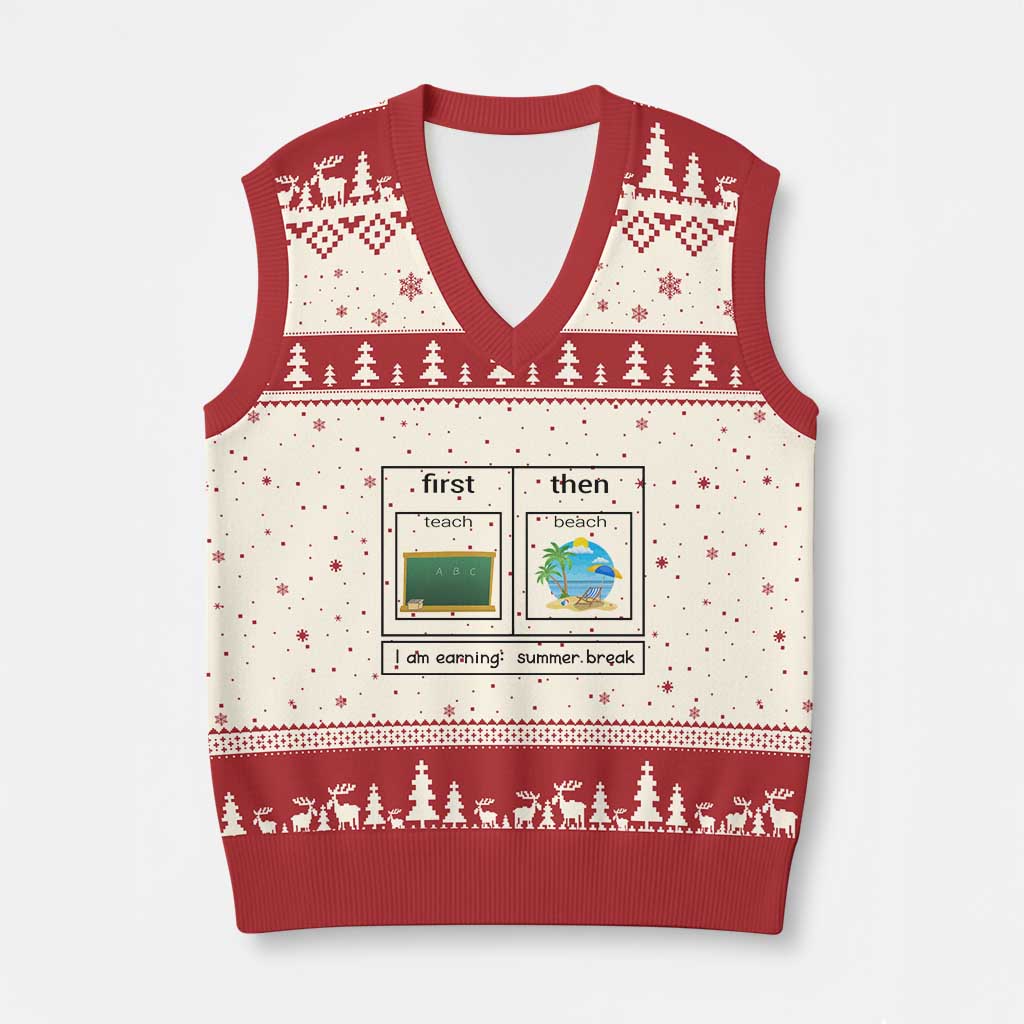 Funny Teacher Summer Break V-Neck Knit Sweater Vest First Teach Then Beach Vacation Mode - Wonder Print Shop