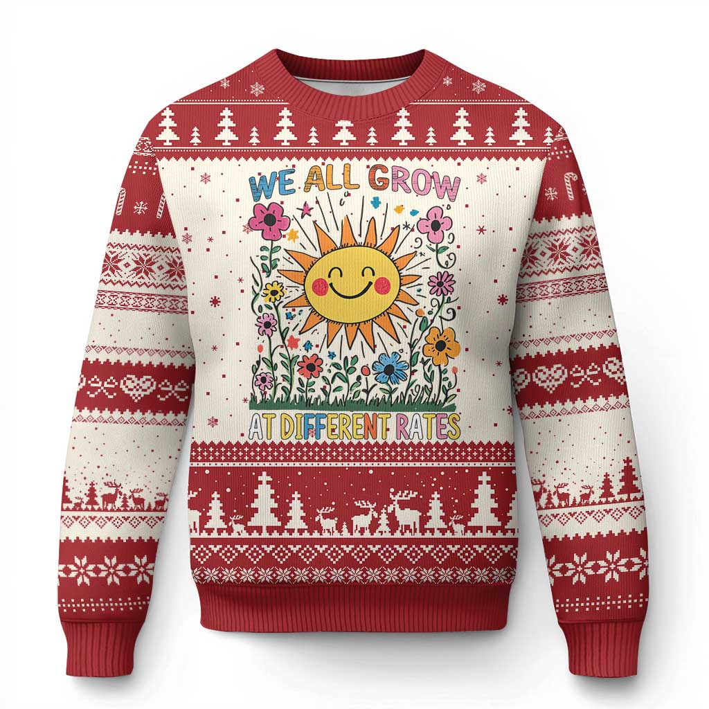 Special Education Ugly Christmas Sweater We All Grow At Different Rates Inspirational Inclusion Sped Teacher - Wonder Print Shop