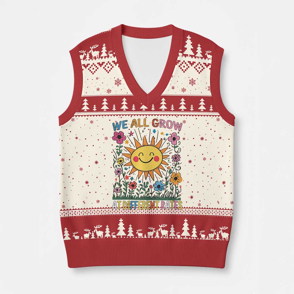 Special Education V-Neck Knit Sweater Vest We All Grow At Different Rates Inspirational Inclusion Sped Teacher - Wonder Print Shop