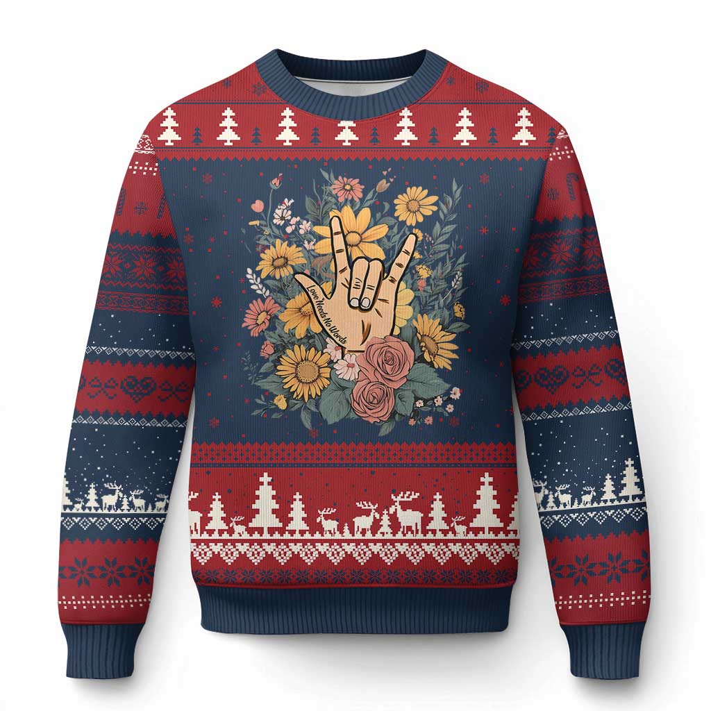 Special Education Ugly Christmas Sweater Sign Language ASL Love Needs No Words - Wonder Print Shop