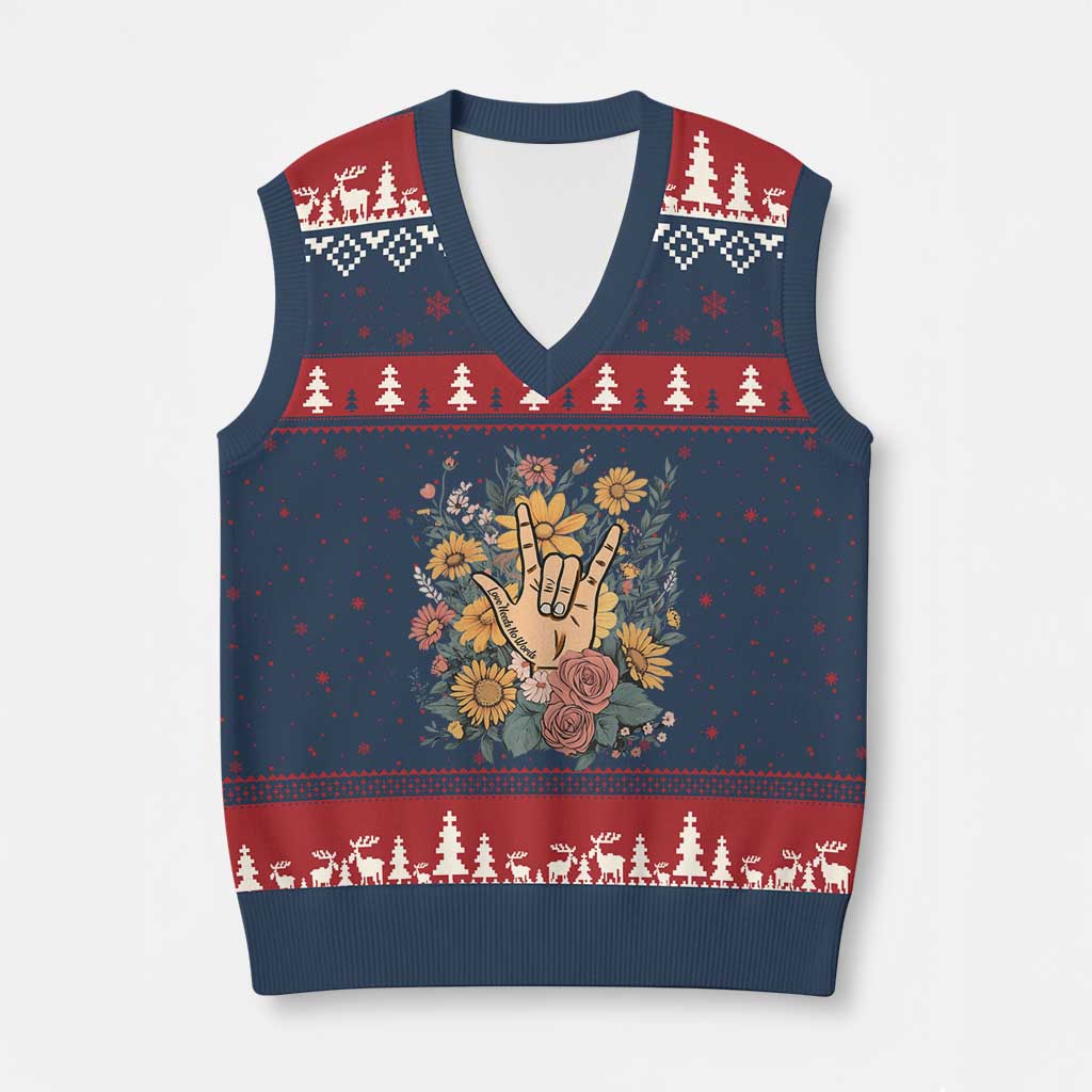 Special Education V-Neck Knit Sweater Vest Sign Language ASL Love Needs No Words - Wonder Print Shop