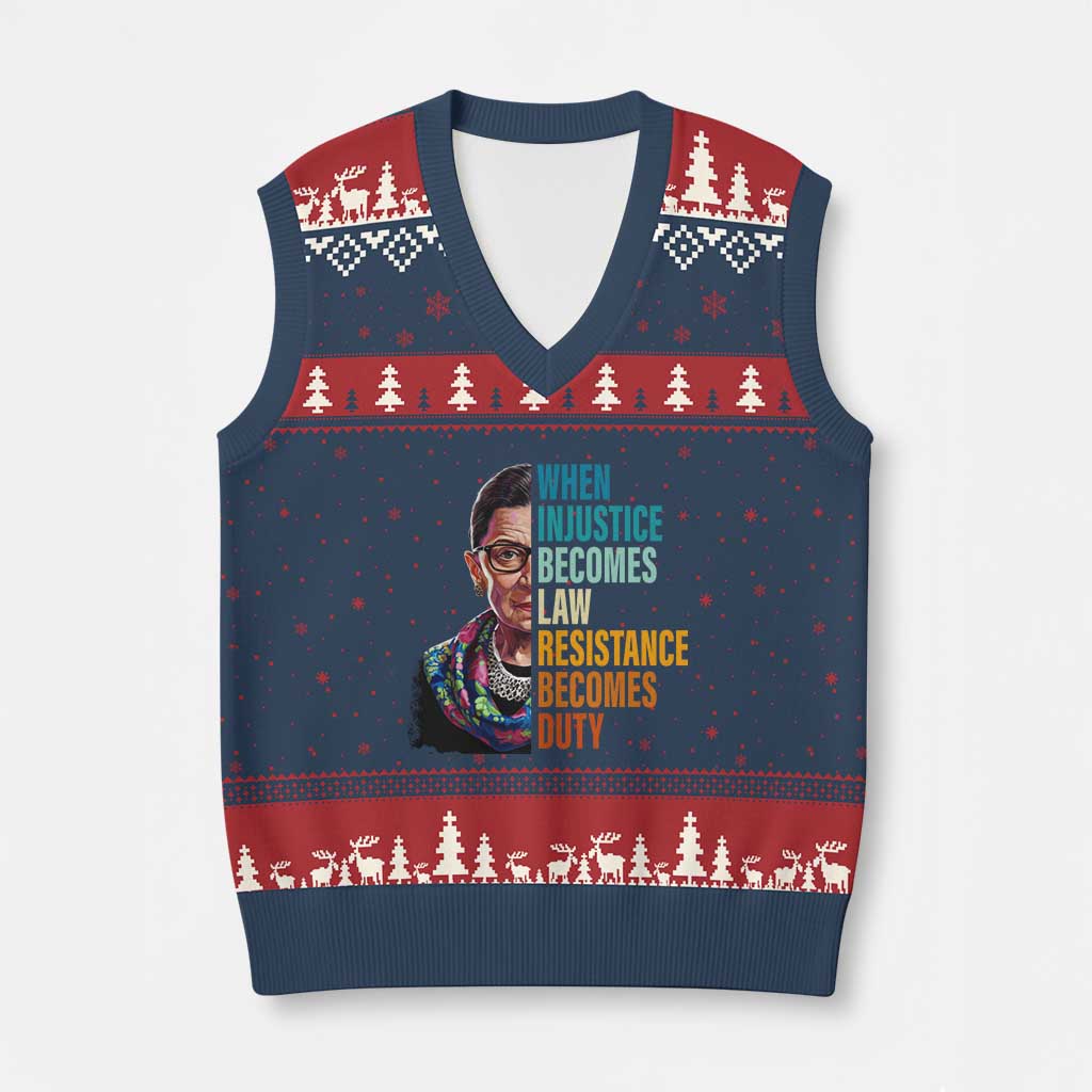 Inspirational RBG V-Neck Knit Sweater Vest When Injustice Becomes Law Resistance Becomes Duty - Wonder Print Shop