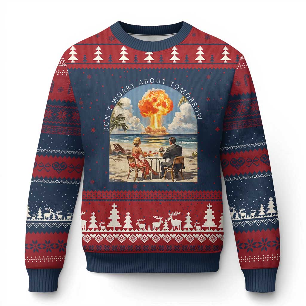 Don’t Worry About Tomorrow Dark Humor Ugly Christmas Sweater Beach Apocalypse Vintage Satirical Doomsday Scene
