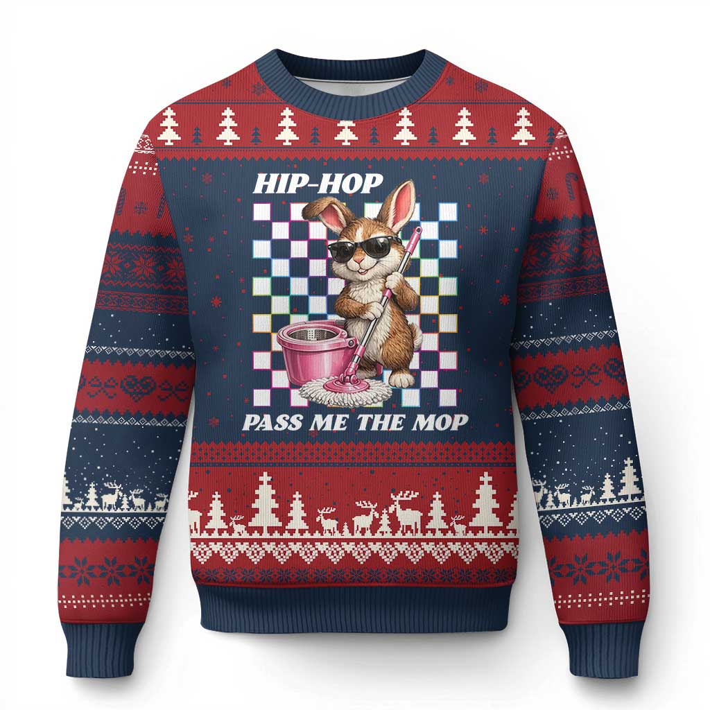 Hip Hop Easter Bunny Cleaning Pun Ugly Christmas Sweater Funny Rabbit with Mop