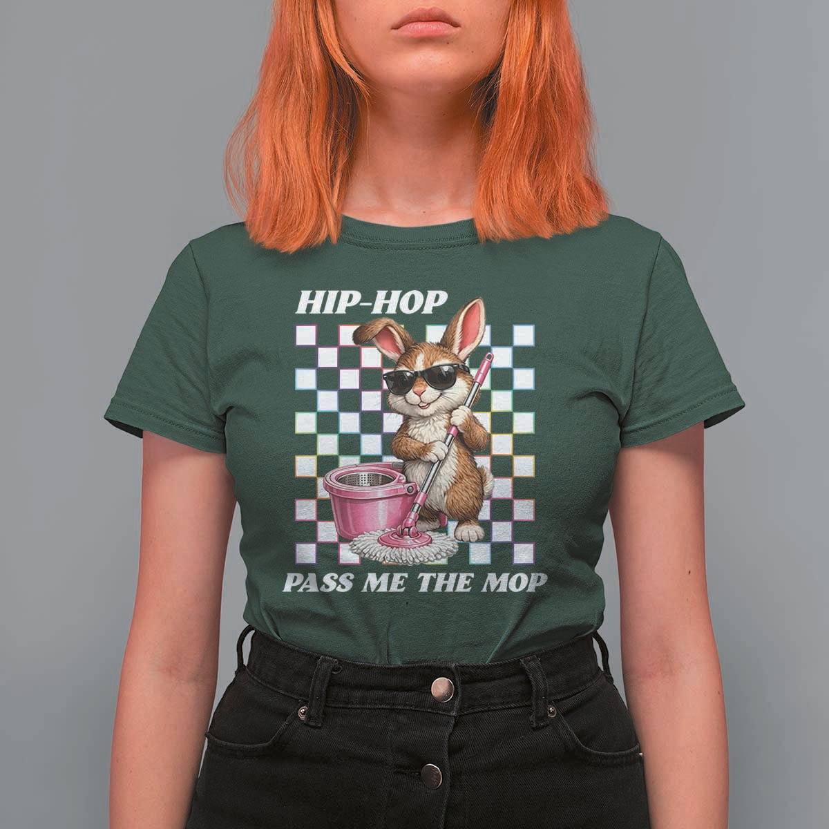 Hip Hop Easter Bunny Cleaning Pun T Shirt For Women Funny Rabbit with Mop