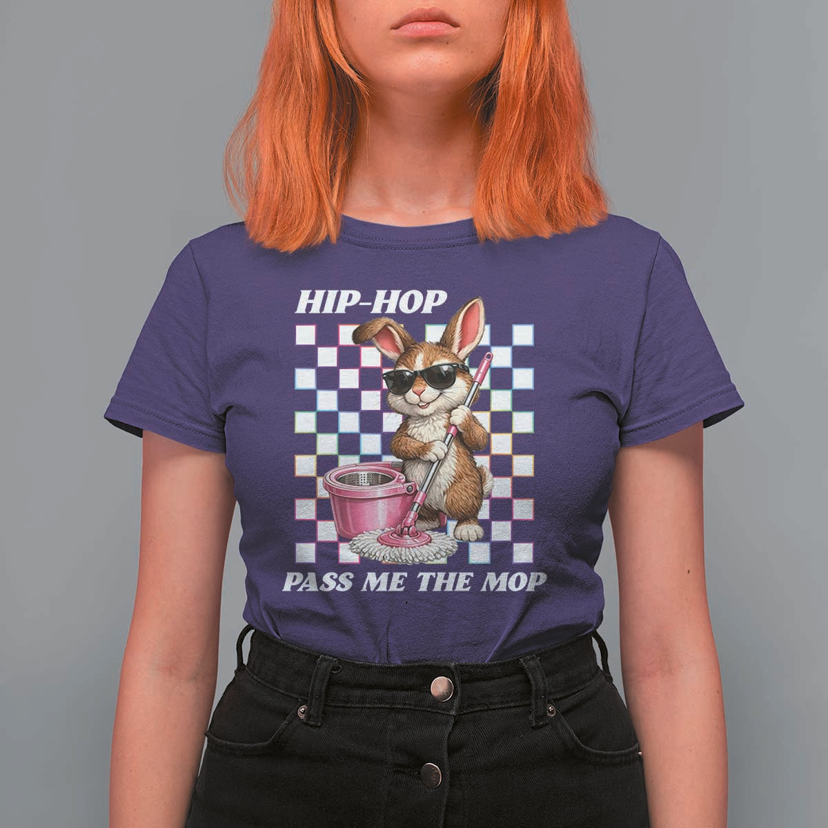 Hip Hop Easter Bunny Cleaning Pun T Shirt For Women Funny Rabbit with Mop