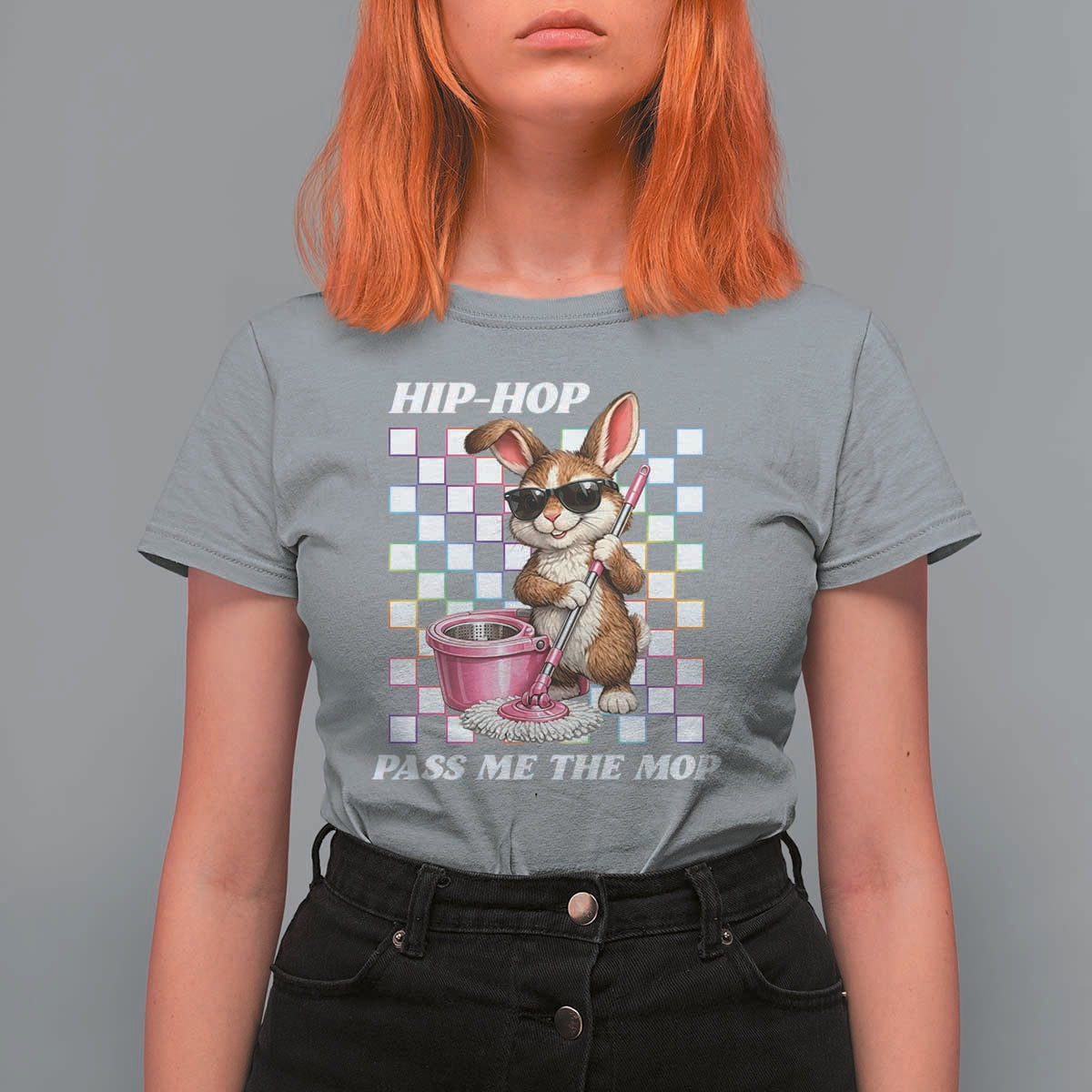 Hip Hop Easter Bunny Cleaning Pun T Shirt For Women Funny Rabbit with Mop