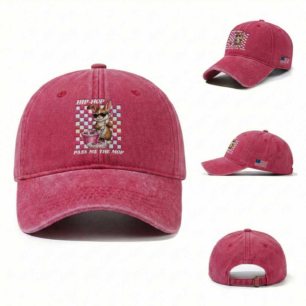 Hip Hop Easter Bunny Cleaning Pun Washed Cotton Baseball Cap Funny Rabbit with Mop
