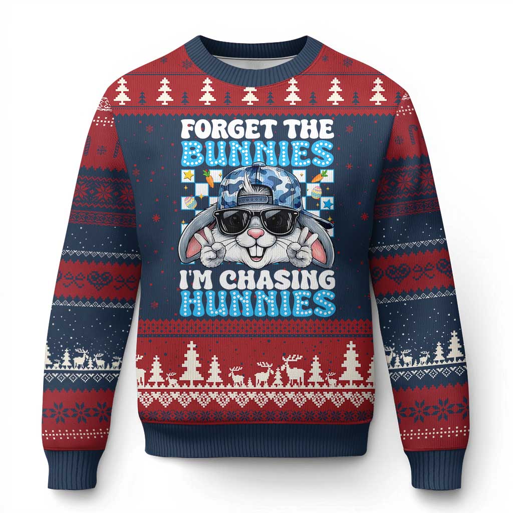 Funny Easter Bunny Forget the Bunnies I’m Chasing Hunnies Ugly Christmas Sweater Cool Rabbit with Sunglasses & Hat Humor