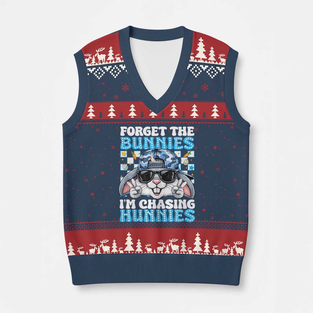 Funny Easter Bunny Forget the Bunnies I’m Chasing Hunnies V-Neck Knit Sweater Vest Cool Rabbit with Sunglasses & Hat Humor