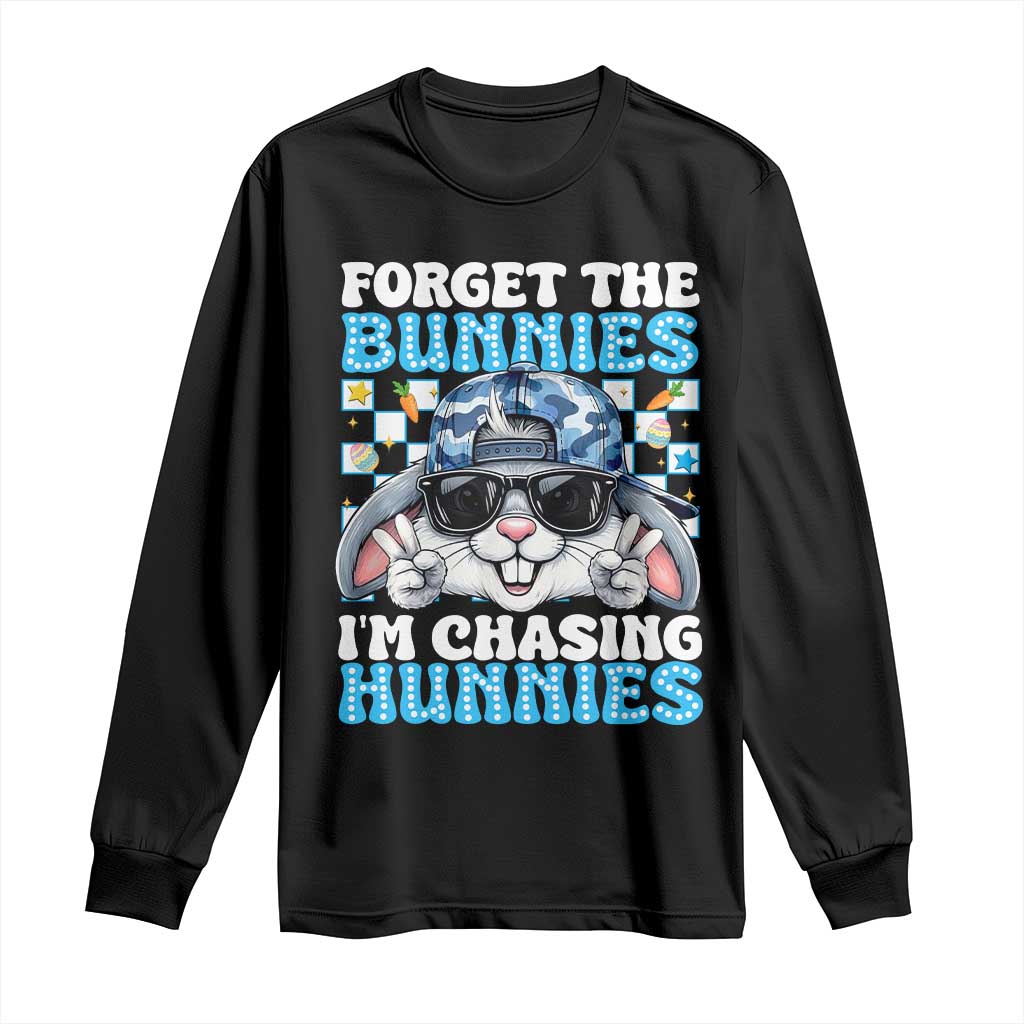 Funny Easter Bunny Forget the Bunnies I’m Chasing Hunnies Long Sleeve Shirt Cool Rabbit with Sunglasses & Hat Humor