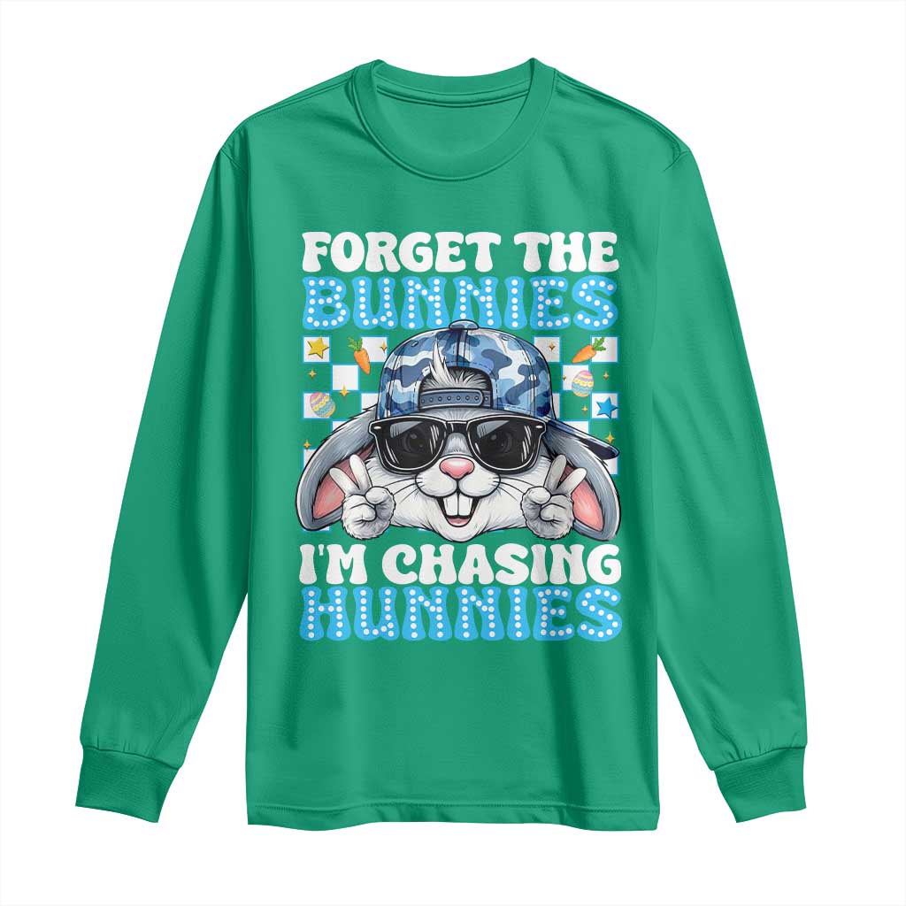 Funny Easter Bunny Forget the Bunnies I’m Chasing Hunnies Long Sleeve Shirt Cool Rabbit with Sunglasses & Hat Humor
