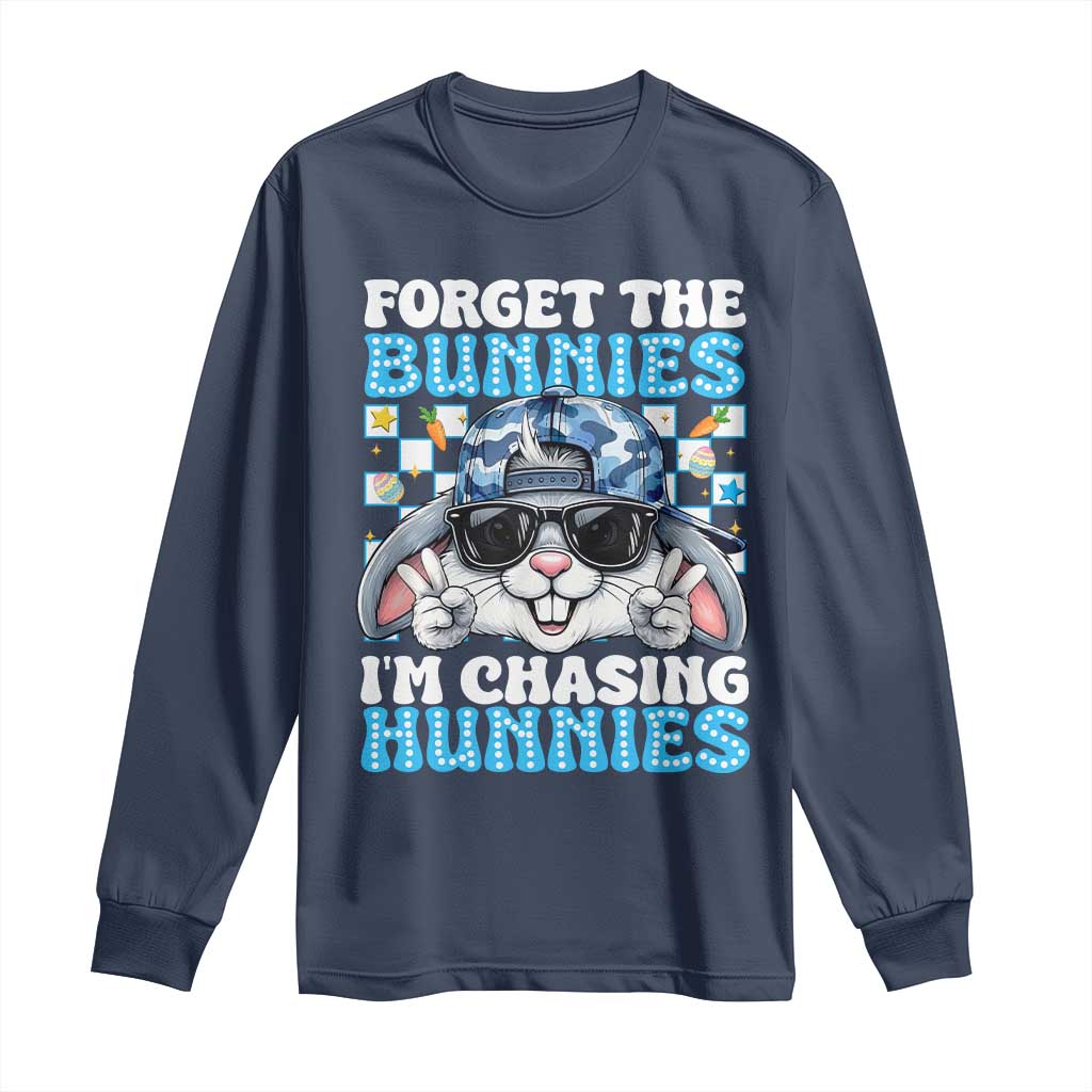 Funny Easter Bunny Forget the Bunnies I’m Chasing Hunnies Long Sleeve Shirt Cool Rabbit with Sunglasses & Hat Humor